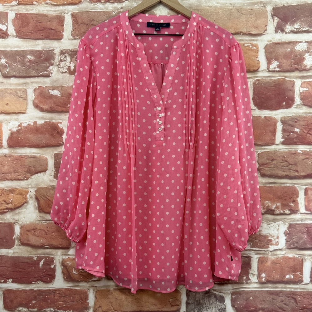 Tommy Hilfiger Top Women's 2X Pink White Polka Dot Pleated Casual Career Shirt